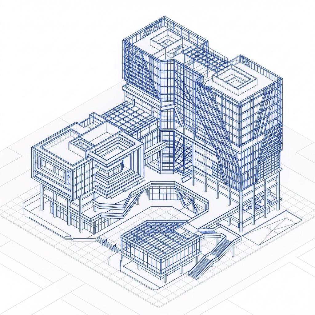 Illustrative architectural BIM wireframe
